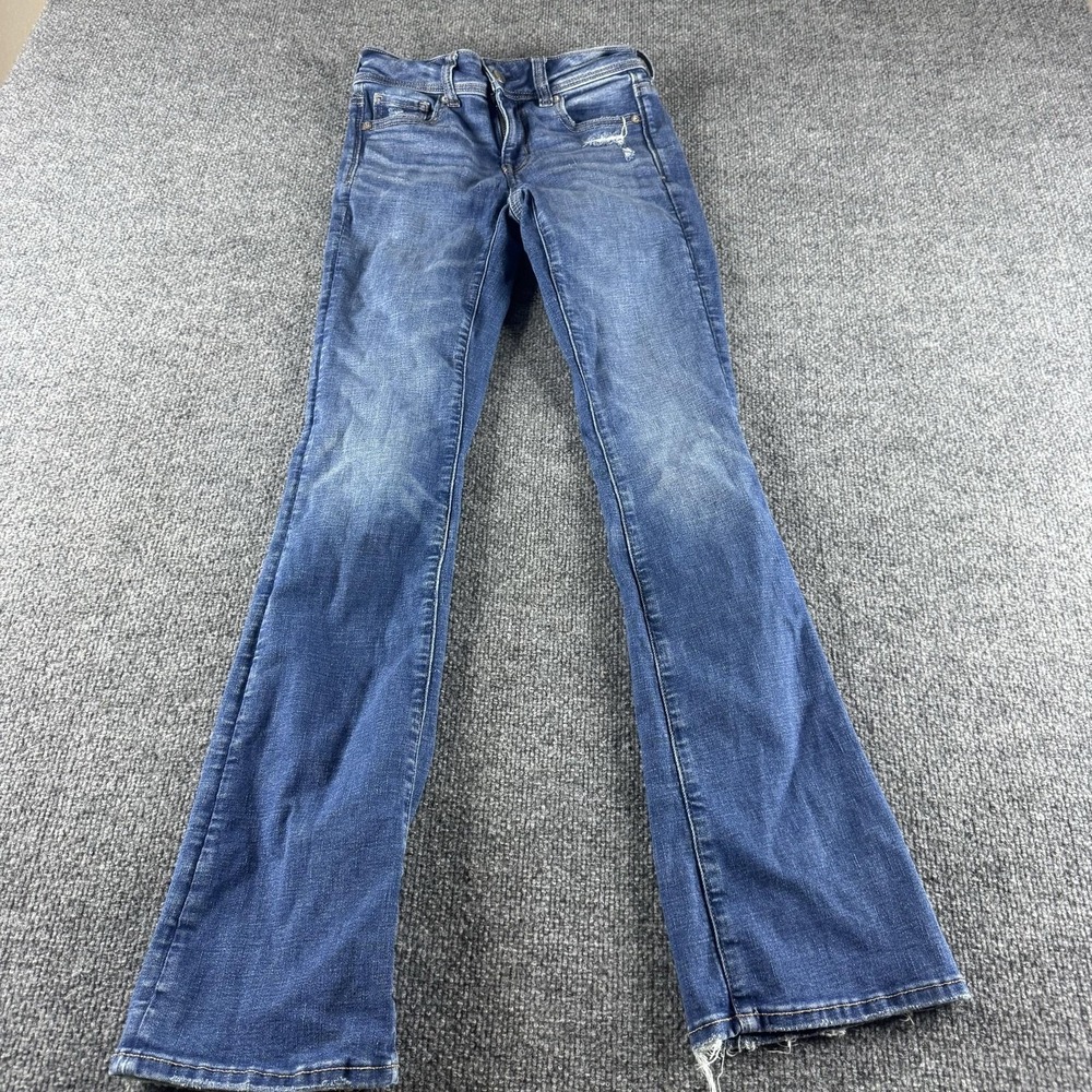 American Eagle Kick Boot Jeans Womens 000 Blue Stretch Denim Distressed AEO